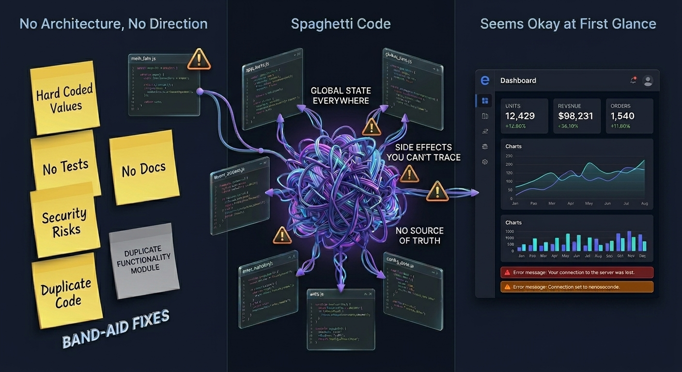 Diagram showing three stages of AI-generated code debt: no architecture on the left, spaghetti code in the center, and a dashboard that seems fine on the surface on the right